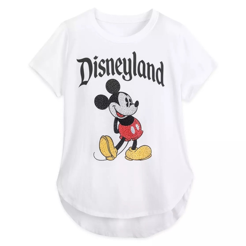 Disneyland NWT Rhinestones Classic Mickey Mouse White Step Hem T-Shirt - Size XS